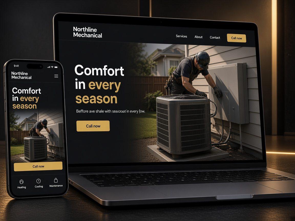 Photorealistic laptop and phone showing the Northline Mechanical HVAC sample concept.